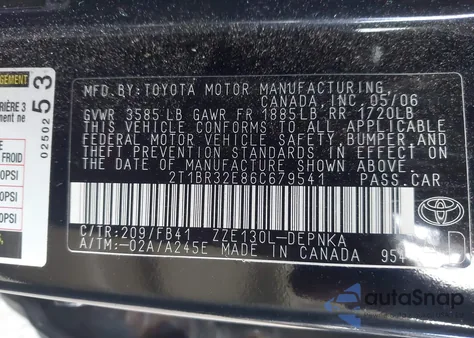 2006 Toyota Corolla Le from USA, damaged, VIN 2T1BR32E86C679541